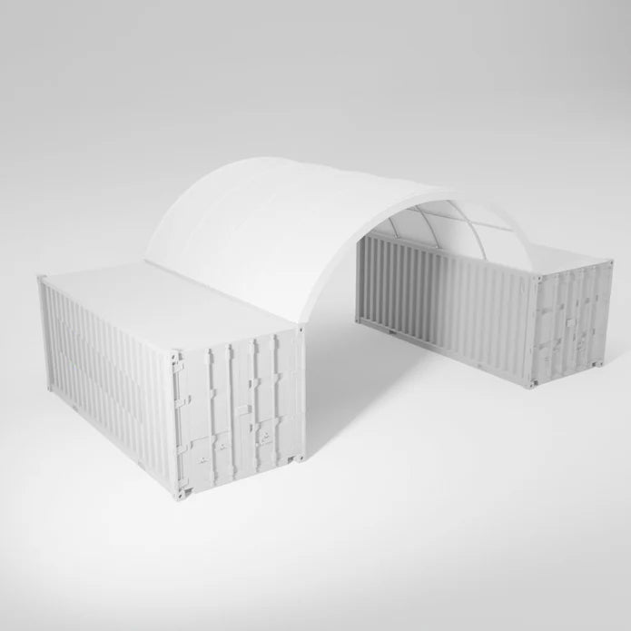 Two white shipping containers connected by a white arched roof.