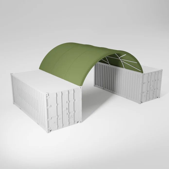 Two white shipping containers bridged by a green arched canopy.