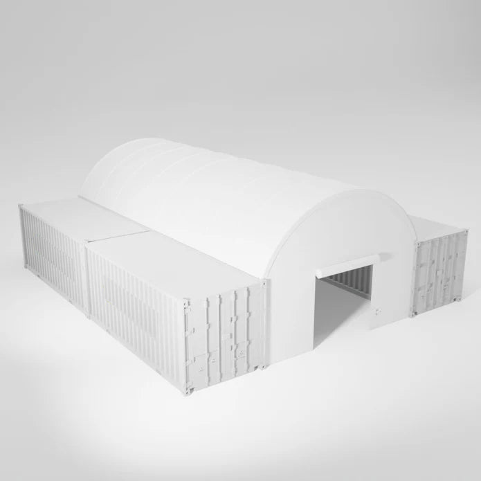 A white storage shelter constructed from shipping containers and a fabric roof.